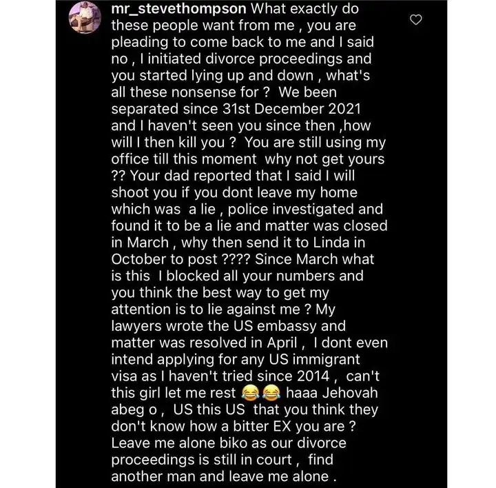 You are pleading to come back to me Steve Thompson slams Sandra Iheuwa Kemi Filani blog