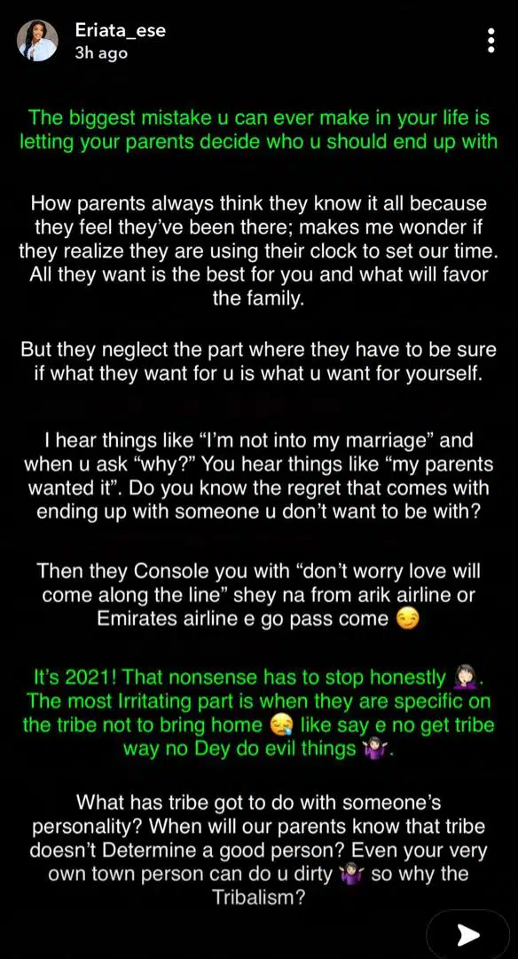 “Biggest Mistake You Can Ever Make Is Letting Your Parents Decide Who You Marry” — Eriata Ese 1 evil things