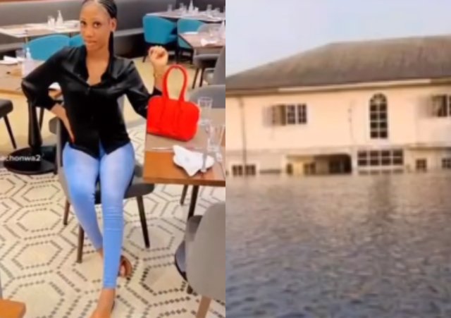 Nigerian lady rejoices over inability to resume school as flood blocks road to her school (video) Nigerian lady rejoices over inability to resume school as flood blocks road to her school (video)