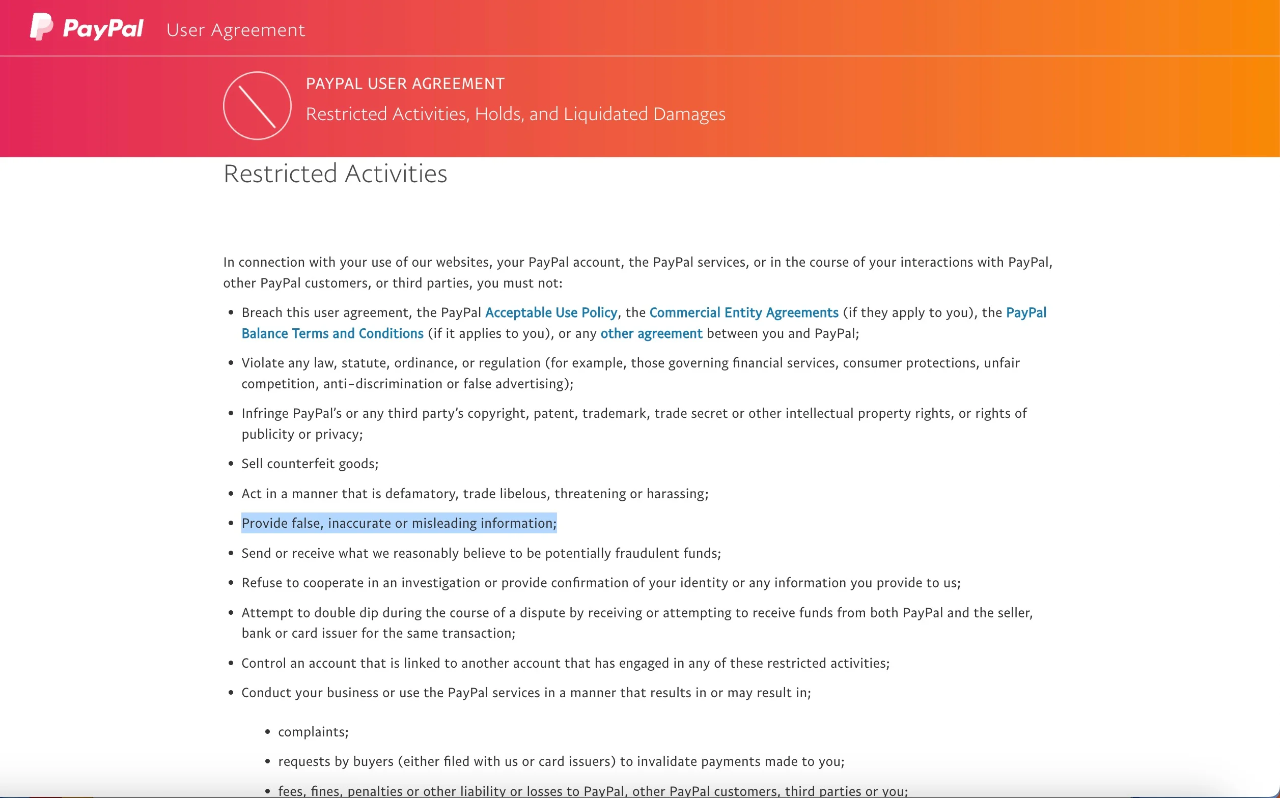 paypal user agreement