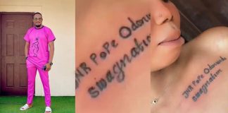 Junior Pope reacts as female fan tattoos his full name on her chest