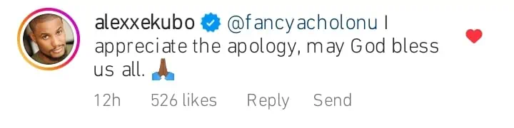 Alex Ekubo replies ex fiance Fancy Acholonus apology Kemi Filani blog