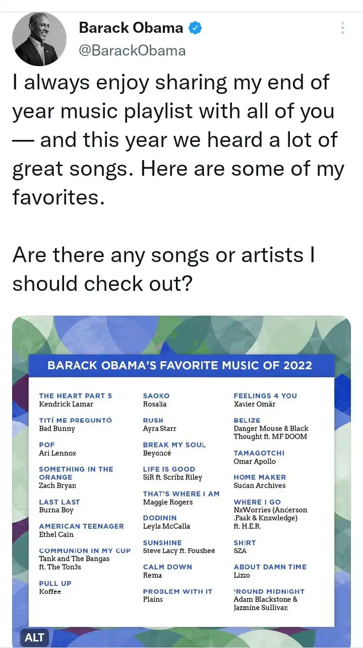 Burna Boy Rema Ayra Starr make Obamas 2022 music playlist Kemi Filani blog