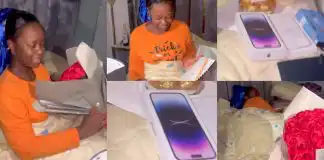 Actress Luchy Donalds speechless as her man apologises to her with Iphone, flower bouquet and more (Video)