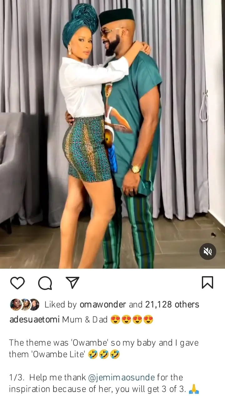 Mum and Dad Adesua Etomi shares loved up photo with Banky Kemi Filani blog