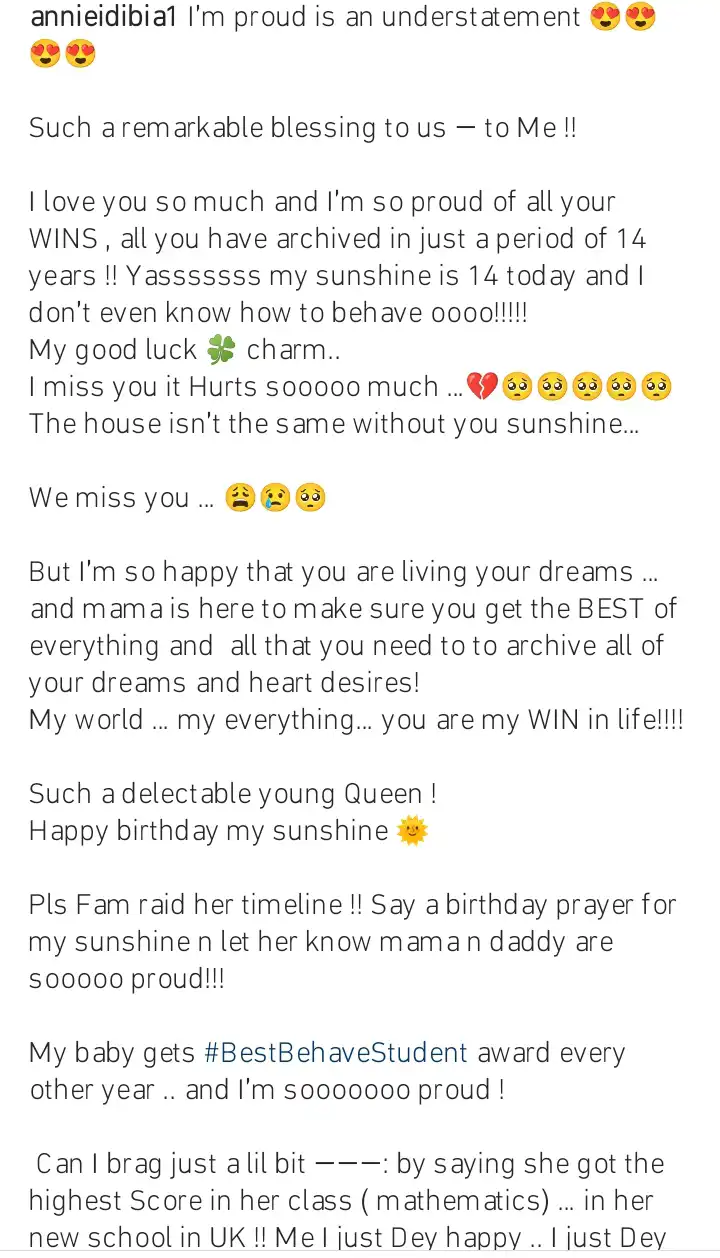 My daughter had the highest score in her class in her new UK university Annie Idibia brags Kemi Filani blog