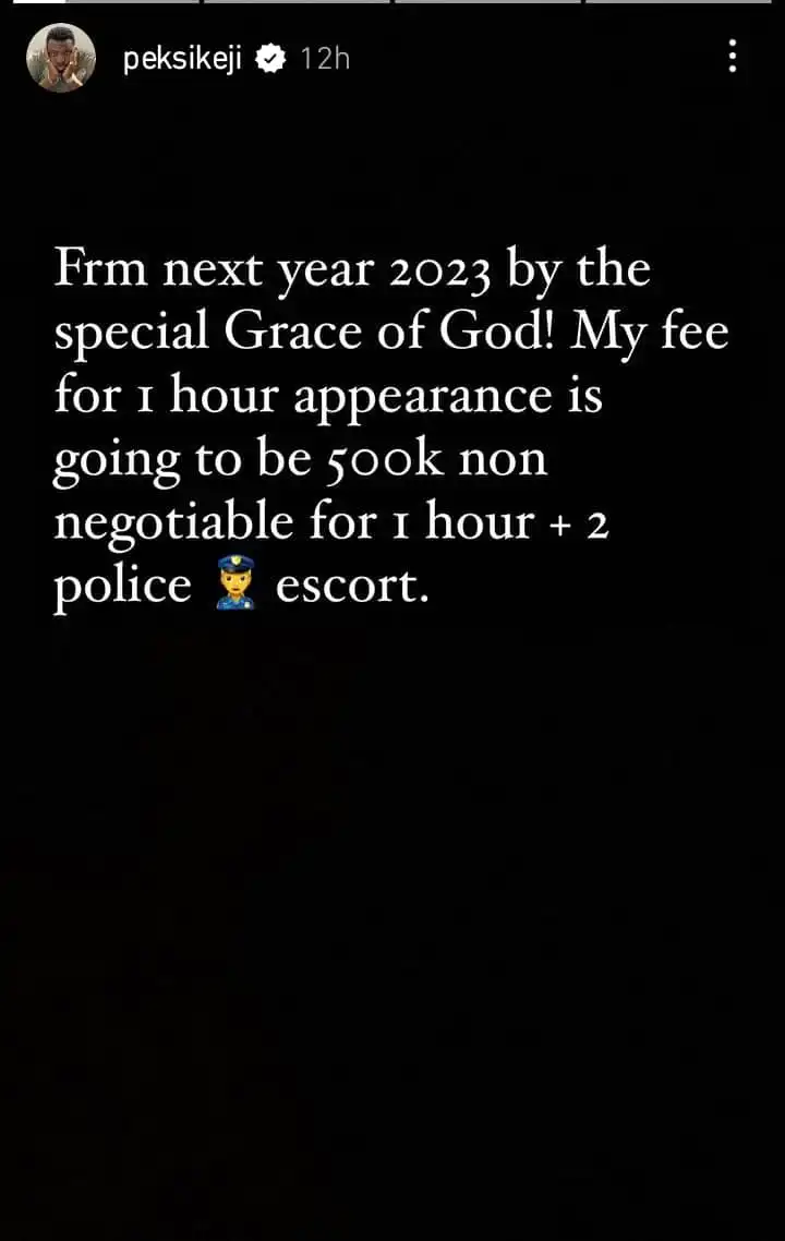 My fee for 1 hour performance is 500k Peks Ikeji Kemi Filani blog
