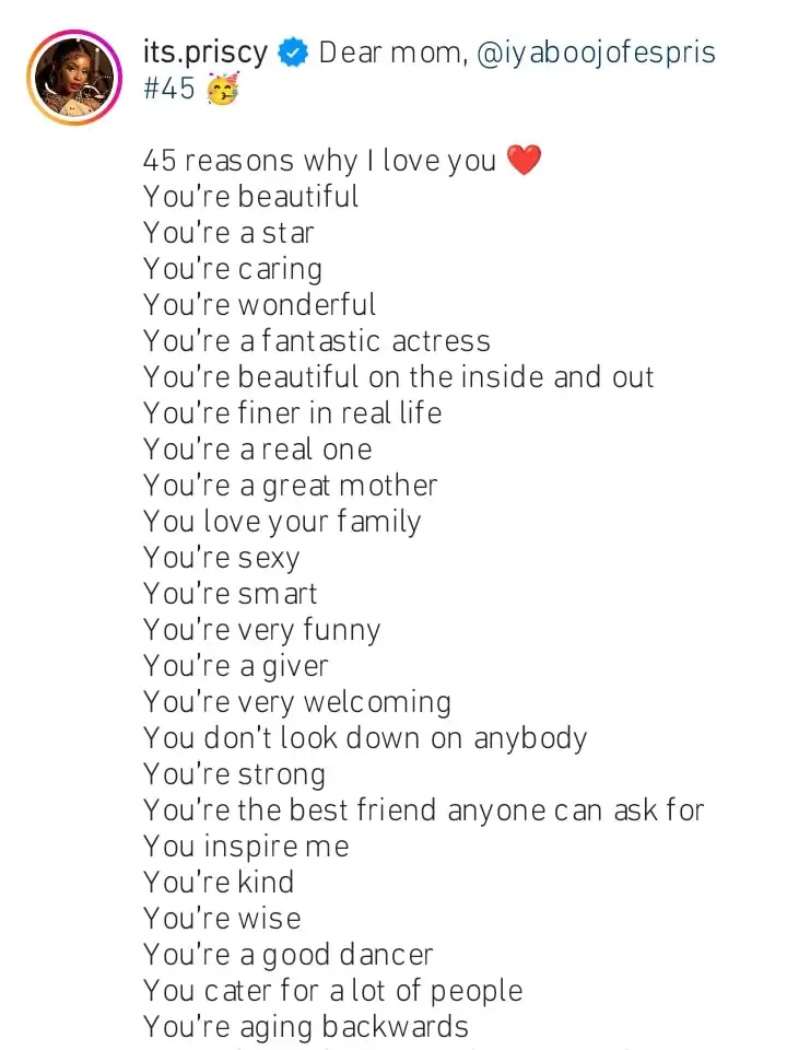 Priscilla Ojo lists 45 reasons whys he loves her mother Iyabo Ojo Kemi Filani blog