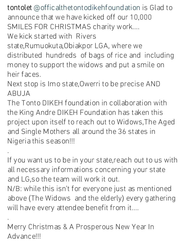 Tonto Dikeh donates bags of rice to widows Kemi Filani blog