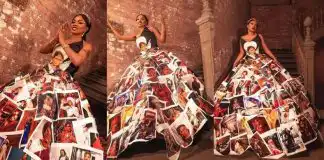 “This is a masterpiece” Iyabo Ojo rocks dress with 150 pictures of her and her family on it (Photos)