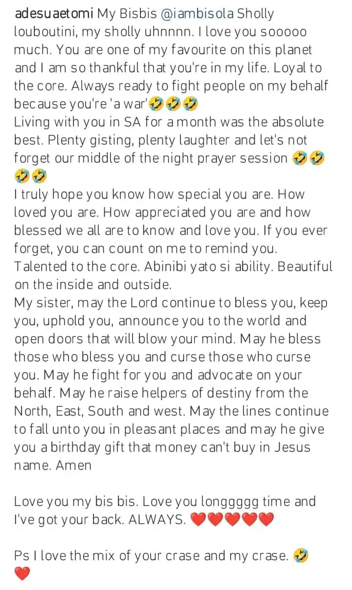 Adesua Etomi celebrates Bisola Aiyeolas 37th birthday Kemi Filani blog