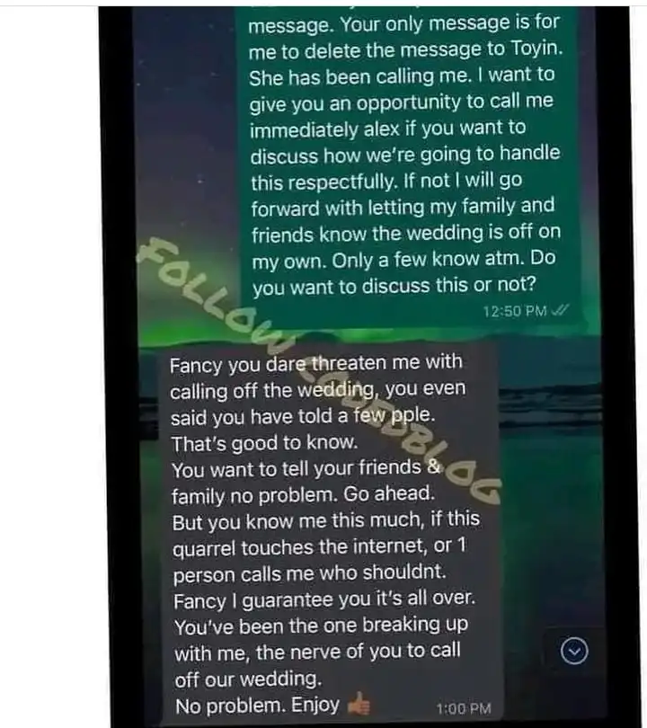 Private conversation between Alex and Fancy Acholonu Kemi Filani blog