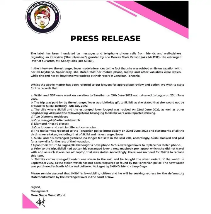 Singer Skiibii releases press release over Dorcas Fapson defamatory statement Kemi Filani blog