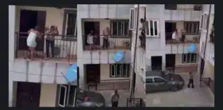 Moment side chic attempts jumping down from balcony as wife catches her with cheating husband in their home (Video)