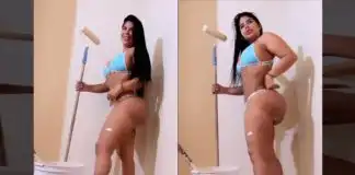 Watch Curvaceous woman in bikini holding a paint roller in her room about to paint (Video)