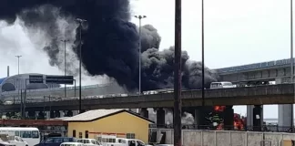 BREAKING: Fire Razes A Section Of Blue Rail Line In Lagos