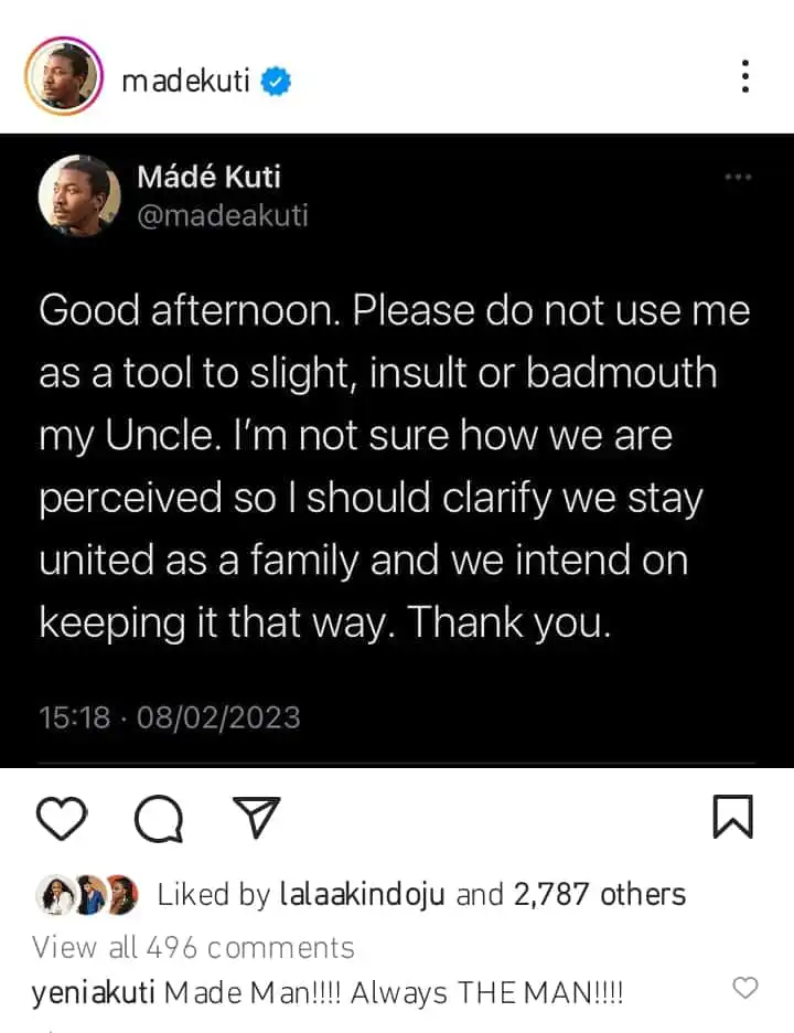 Dont use me to badmouth my uncle Made Kuti slams Peter Okoye Kemi Filani blog min 1