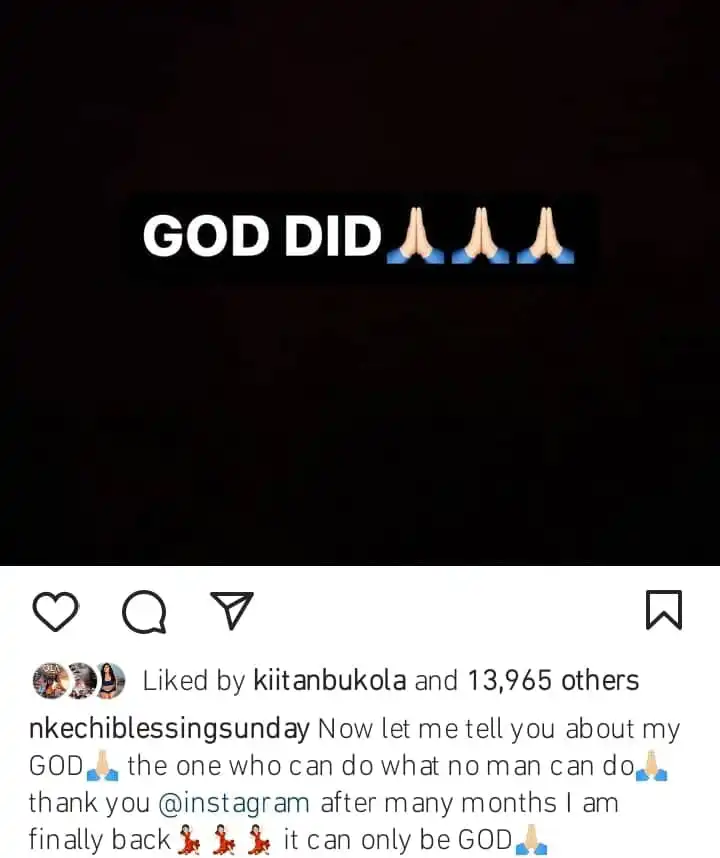 Nkechi Blessing jubilates as she receives ‘best’ birthday gift from Instagram 1 God Did Nkechi Blessing rejoices as she recovers her Instagram account Kemi Filani blog min