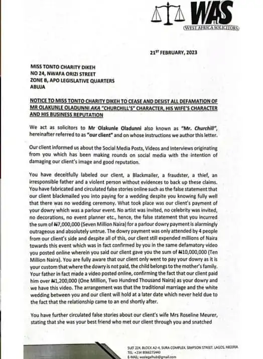 Olakunle Churchill issues Tonto Dikeh a cease and desist letter Kemi Filani blog min