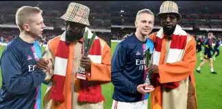Moment Patoranking presented an award to Arsenal’s Zichenko before Man City clash last night