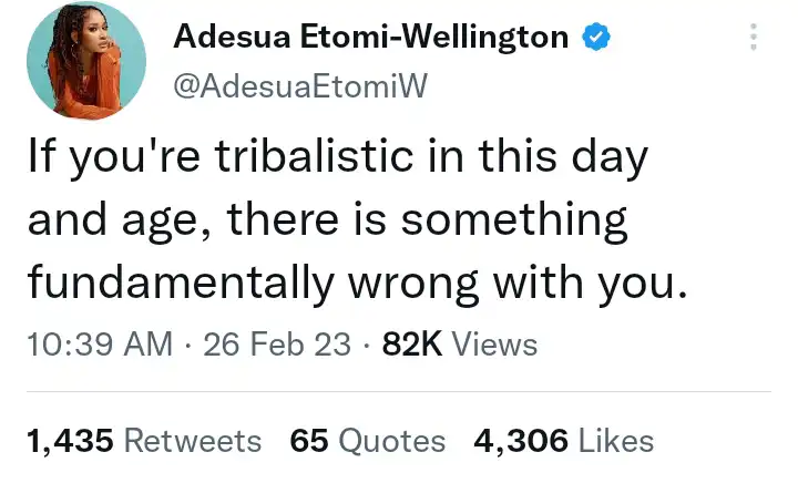 There is something wrong with you if you are a tribalist Adesua Etomi Kemi