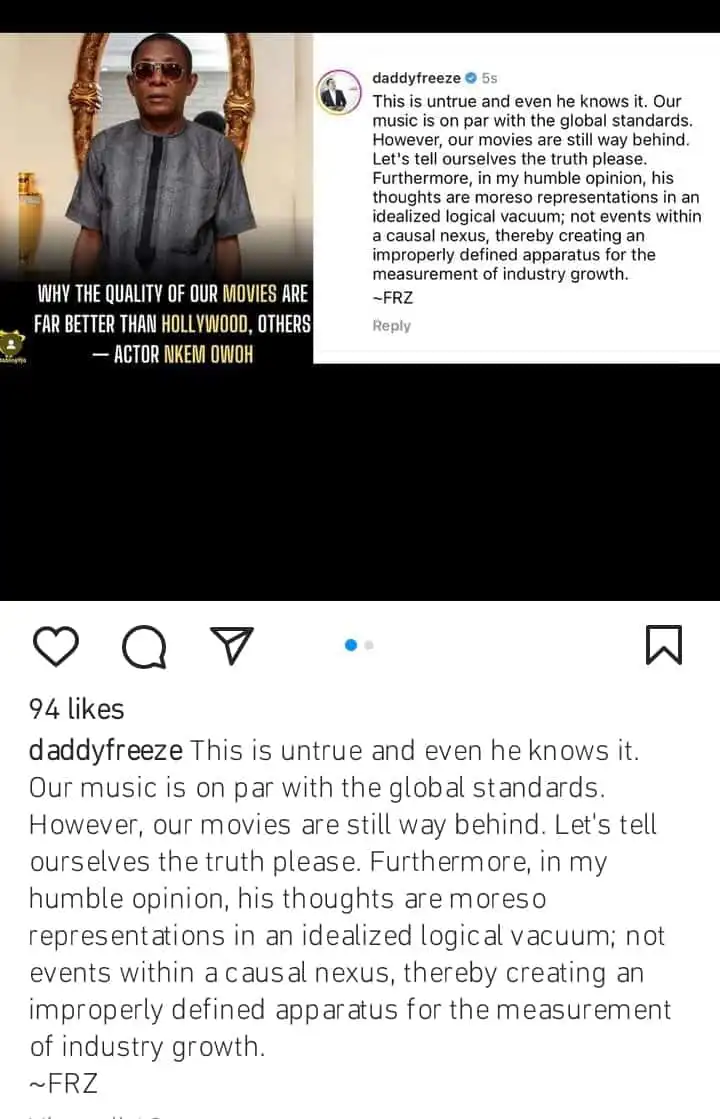 This isnt true our movies are still far behind Daddy Freeze tackles Nkem Owoh Kemi Filani blog min