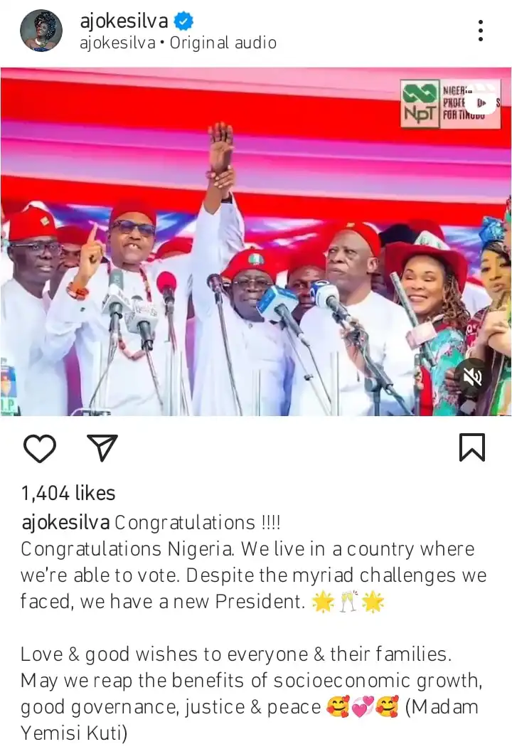 Ajoke Silva rejoices with Tinubus victory Kemi Filani blog min