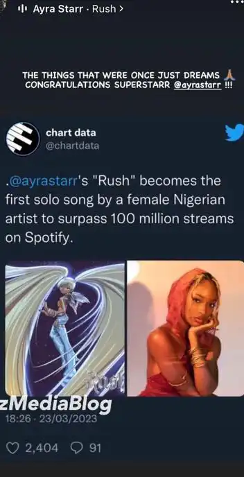 Ayra Starr becomes the first female Nigerian artiste to hit 100m stream on Spotify Kemi Filani blog