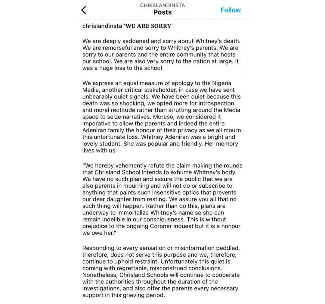 “We are sorry” Chrisland School apologizes over Whitney Adeniran’s death,then later deletes post 2 Chrisland 2
