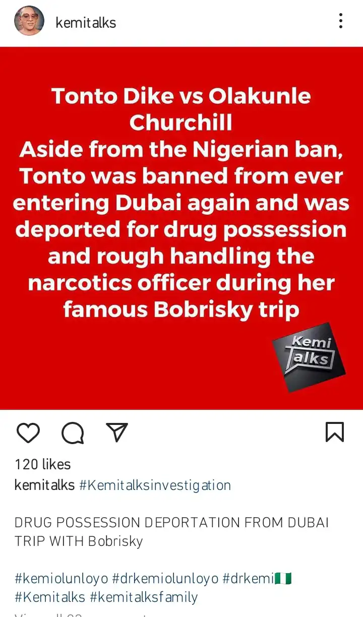 Kemi Olunloyo reveals why Tonto Dikeh was banned from entering Dubai Kemi Filani blog min