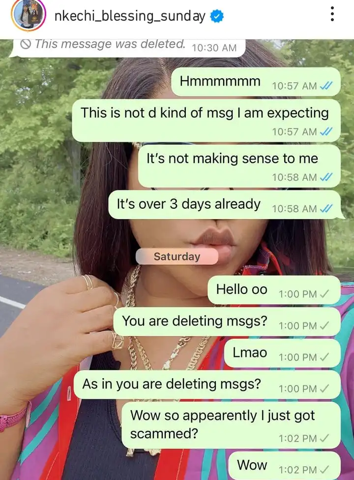 Nkechi Blessing shares screenshot of her scam Kemi Filani blog min