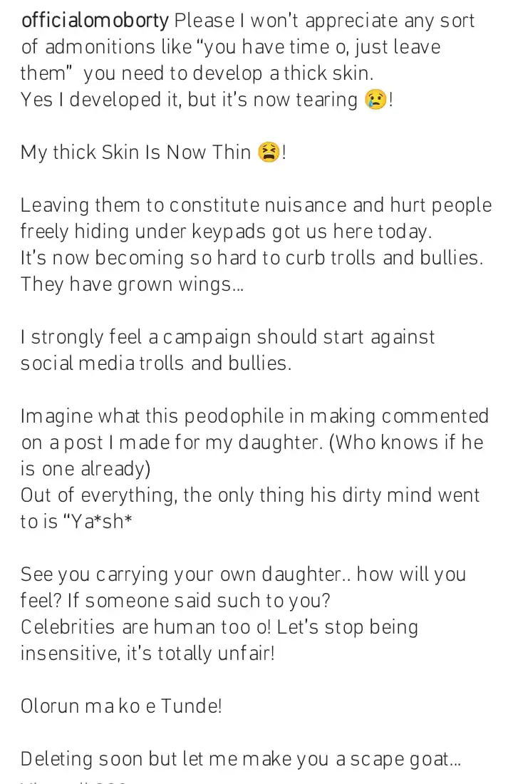 Pedophile in the making Biodun Okeowo slams male fan over the insensitive comment he made about her daughter Kemi Filani blog