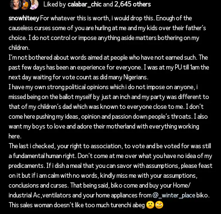 "Enough!" – Precious Chikwendu warns, distances herself from ex-husband, FFK’s political choice 1 Screenshot 20230303 174630