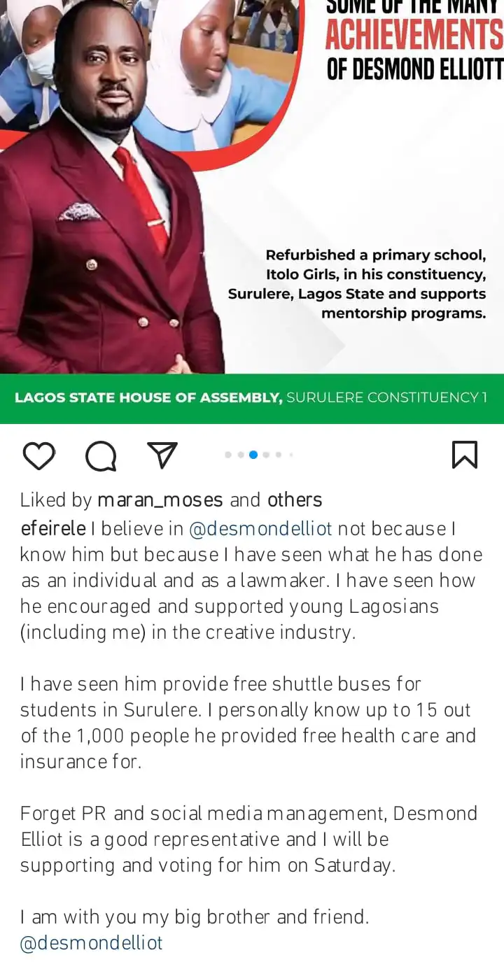 Why I am voting him Efe Irele makes case for Desmond Elliot Kemi Filan blog