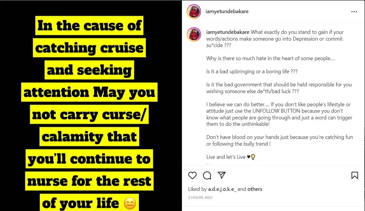 Yetunde Bakares message to trolls