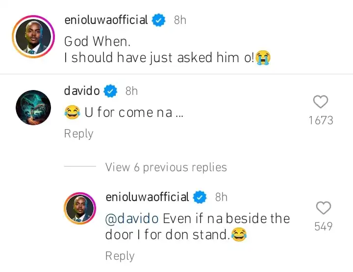 Davido reacts as Enioluwa laments for not asking him for help