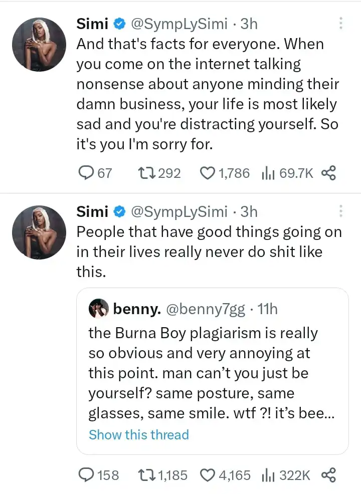 Simi calls out Burna Boys fans for labeling Adekunle Gold a copycat Kemi Filani blog min