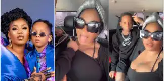 “Stop pulling it down” – Toyin Lawani’s son insists, covers up his mom’s popping cleavages, video causes stir