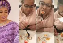 Netizens in stitches over Toyin Adewale’s reaction from trying out Sushi for the first time