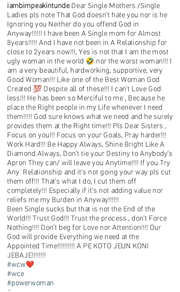 I have been a single mother for 8years and havent been in a relationship for 2years Bimpe Akintunde