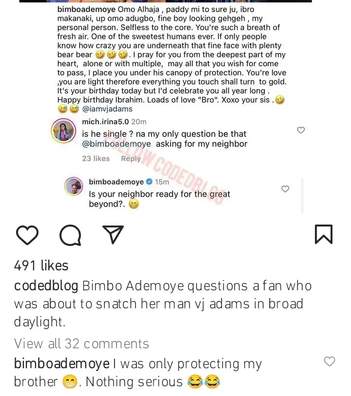 I was only protecting my brother Bimbo Ademoye set the record straight on her relationship with VJ Adams Kemi Filani blog min 1