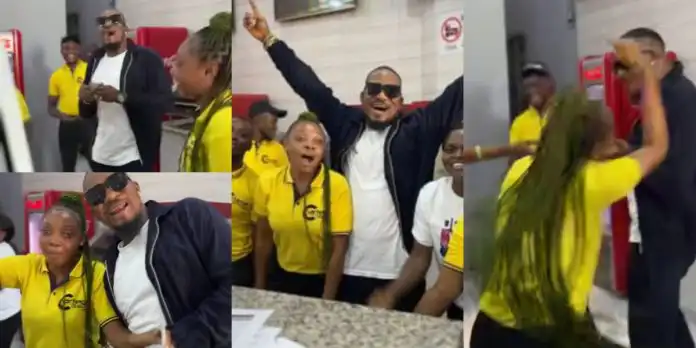 Junior Pope rains money on staff of Asaba cinema over their grand gesture to him (Video)