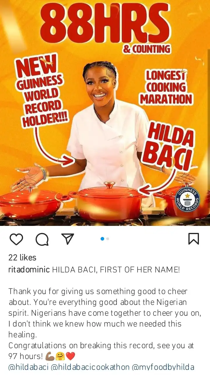 Rita Dominic celebrates Hilda Baci for breaking Guinness World Record for marathon cooking Kemi Filani blog min