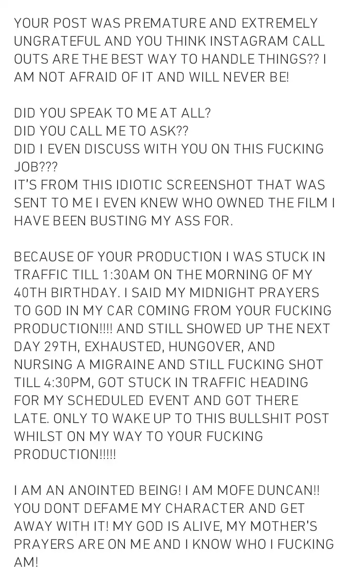 You cant defame my character and get away with it Mofe Duncan blows hot as producer calls him out
