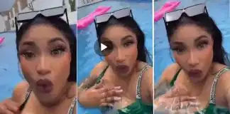 Embarrassing moment Tonto Dikeh exposed her nip while swimming in bikini (Video)