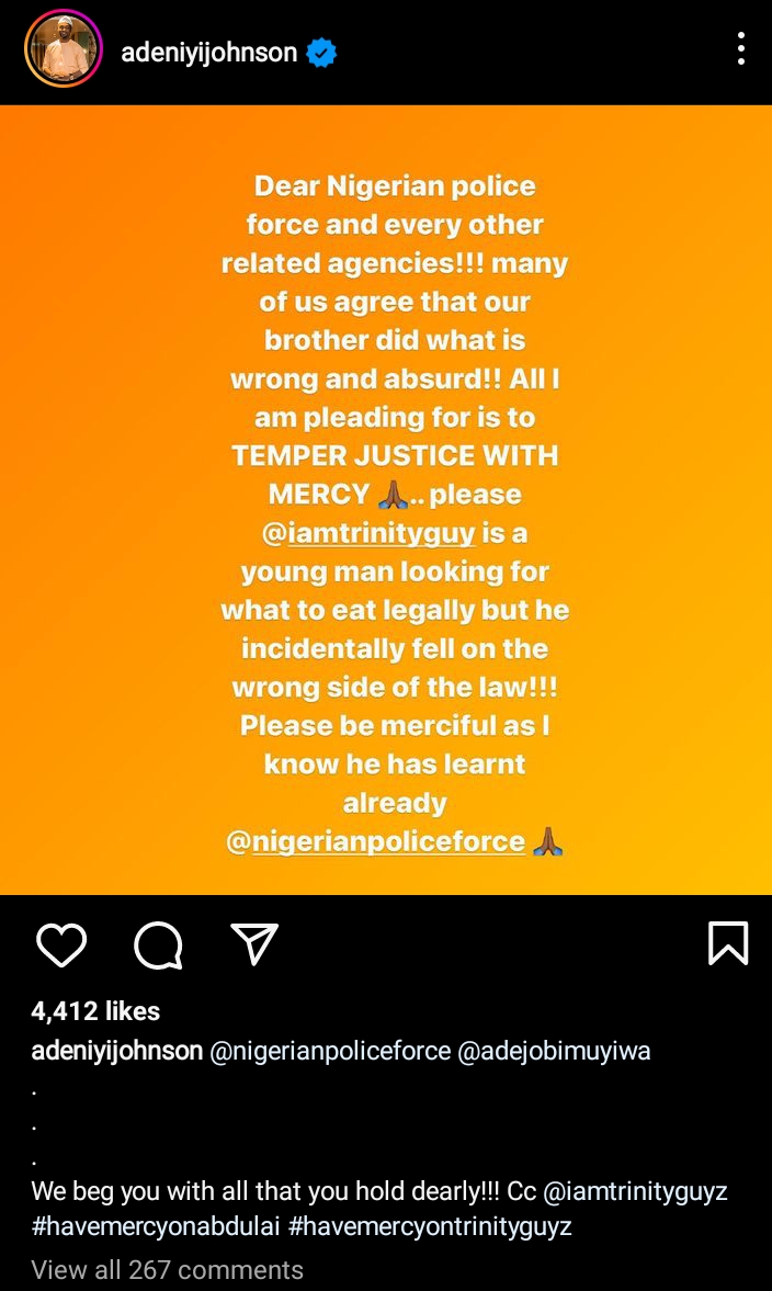 "We beg you all", Actor Adeniyi Johnson pleads on skit maker, Trinity guy’s behalf following prison remand 1 Screenshot 20230626 164301