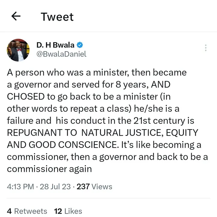 A minister who became governor for 8 years and chooses to be a minister again is a failure - Daniel Bwala 1 61878097f60b9a15ae03984b93df8295