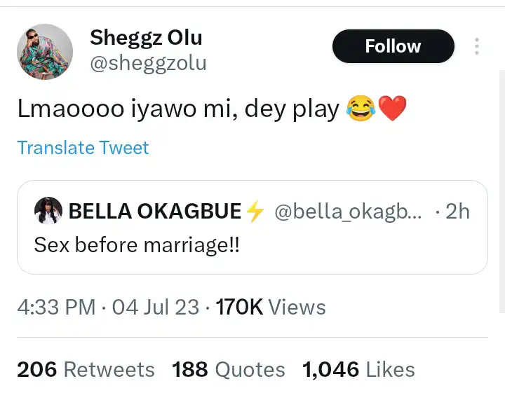 Dey play Sheggz reacts as Bella Okagbue reveals her stance on premarital sex Kemi Filani blog