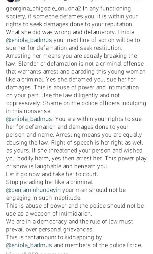 This is abuse of power and intimidation Georgina Onuoha berates Eniola Badmus for arresting and detaining Tiktoker Ego for defaming her Kemi Filani