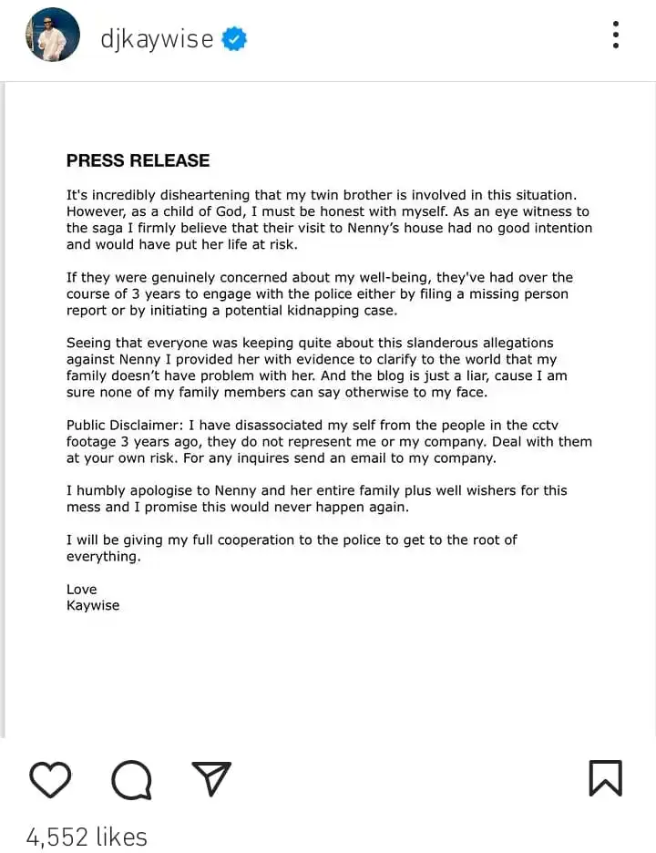 DJ Kaywise breaks silence on kidnap attempt on his fiance by his twin brother
